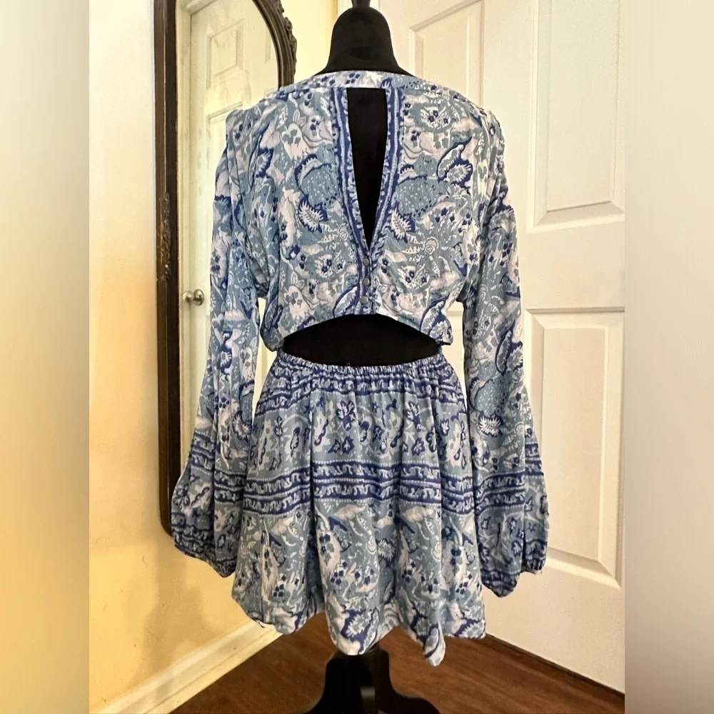 Free People Blue Printed Boho Open Back Mini Dress
